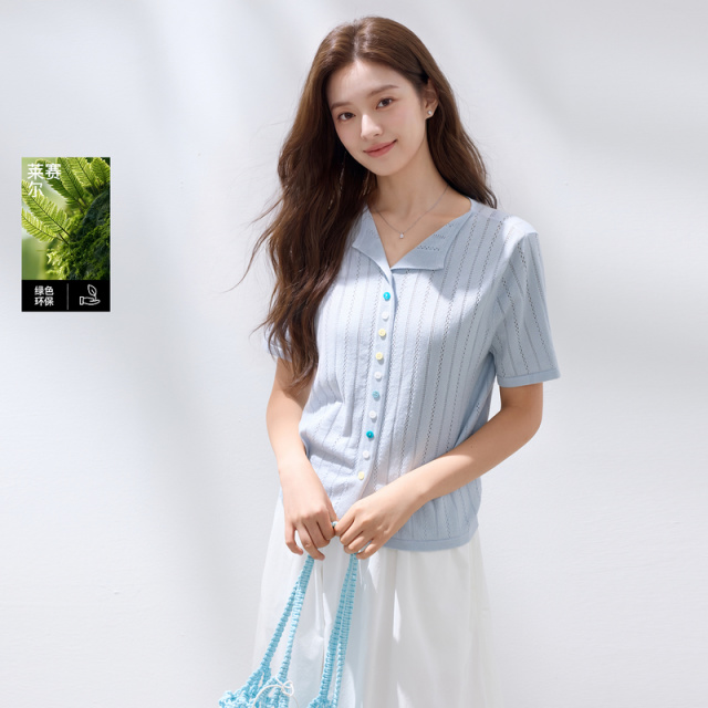 13680296.【莱赛尔】三彩若潮大码女装2026秋新款短袖针织衫镂空坑条微胖MM