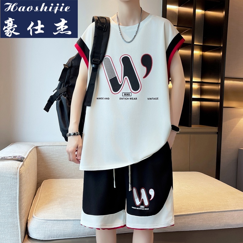 13678565.《休闲舒适》夏季新款男士青少年时尚休闲宽松无袖运动套装