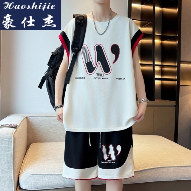 13678565.《休闲舒适》夏季新款男士青少年时尚休闲宽松无袖运动套装