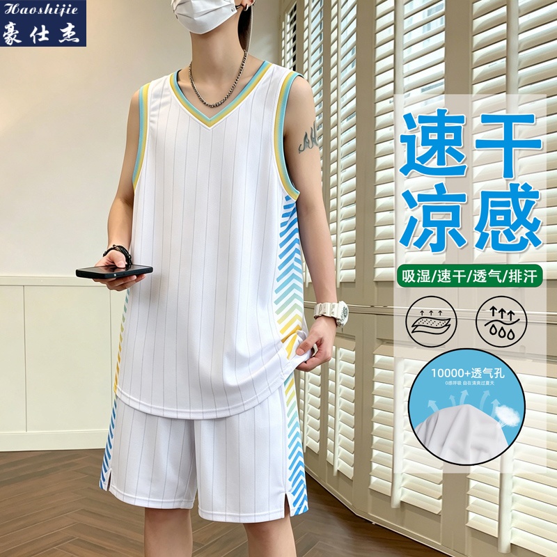 13678567.《舒适透气》夏季男士速干排汗篮球服套装条纹无袖运动两件套