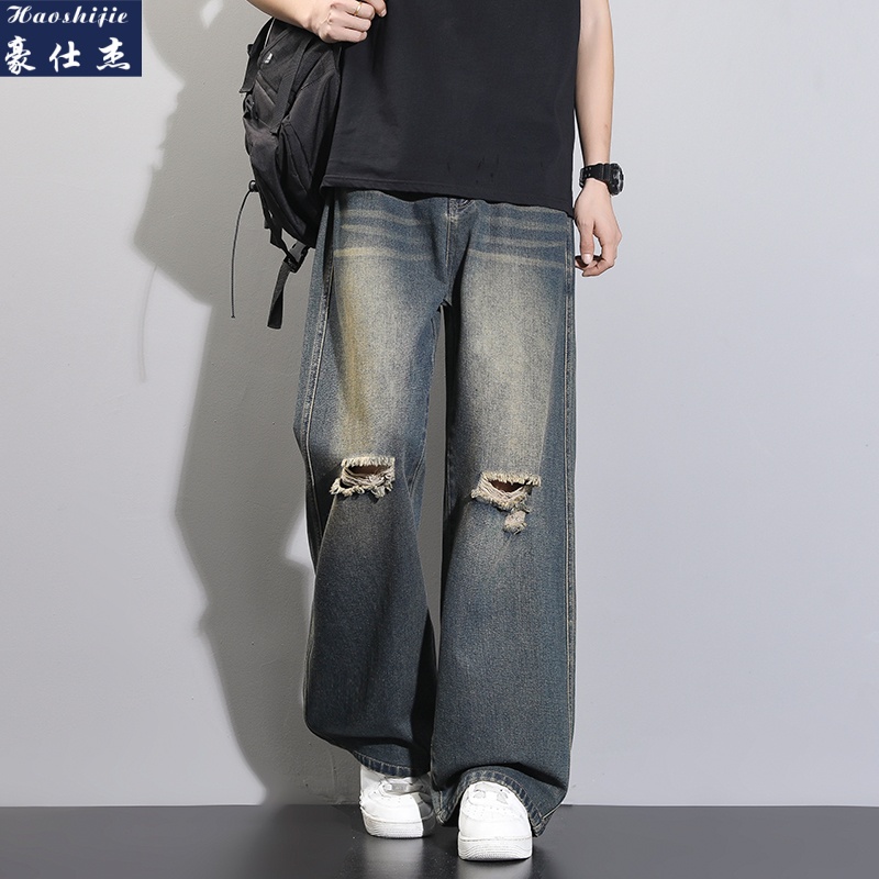 13678571.《百搭潮流》春夏季复古破洞牛仔裤男宽松阔腿显高直筒休闲长裤