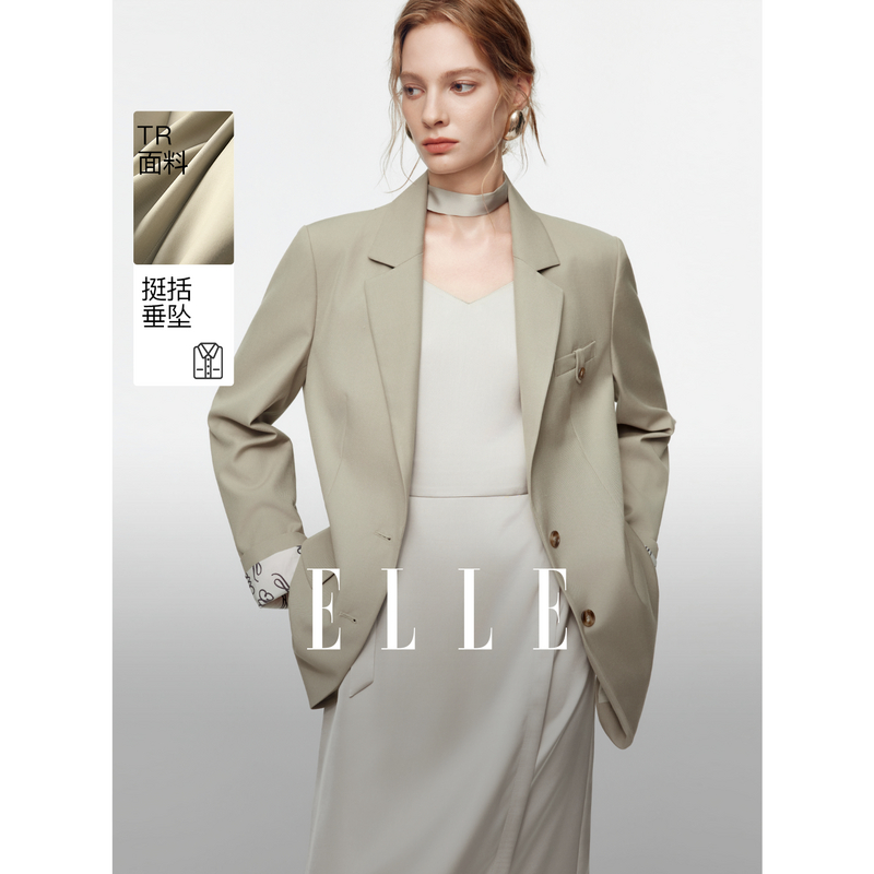 13682011.ELLE纯色廓形西装外套都市通勤风垂感宽松女式西服