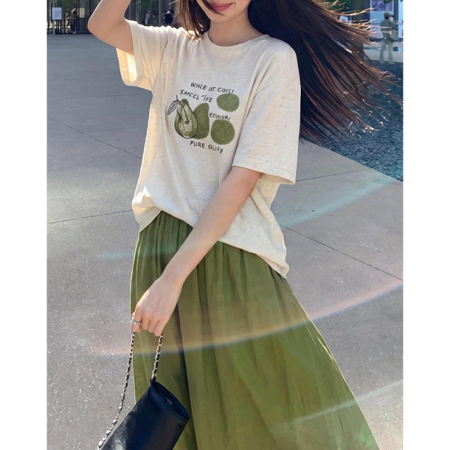 13681992.【含亚麻/莱赛尔/棉】夏季圆领t恤松紧腰半裙显瘦套装女小个子