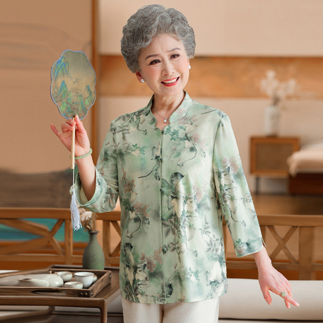 13682274.妈妈装中式国风提花七分袖衬衫J6FXW58162