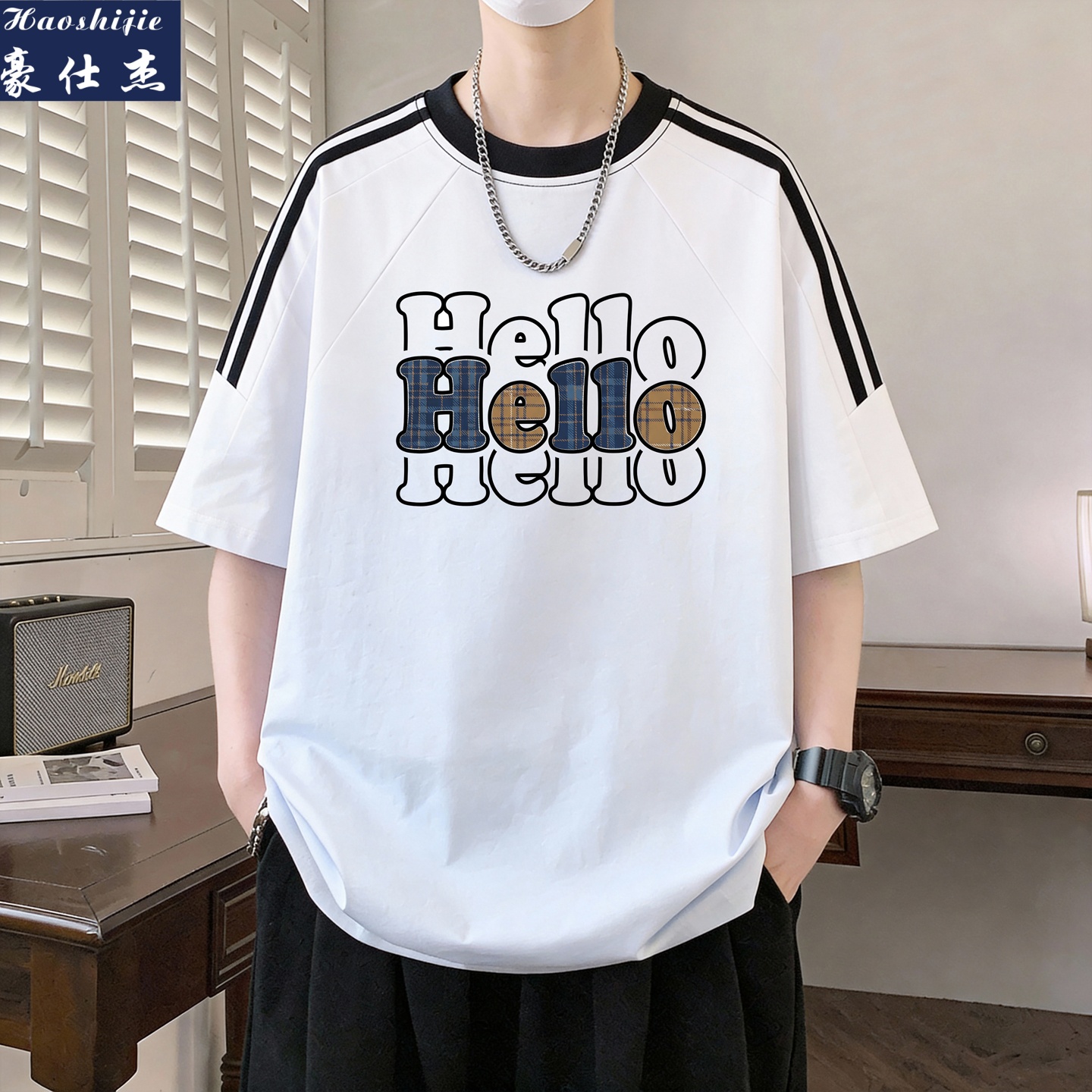 13681640.《时髦百搭》夏季新款舒适透气三条杠纯棉半袖拼接青少年t恤