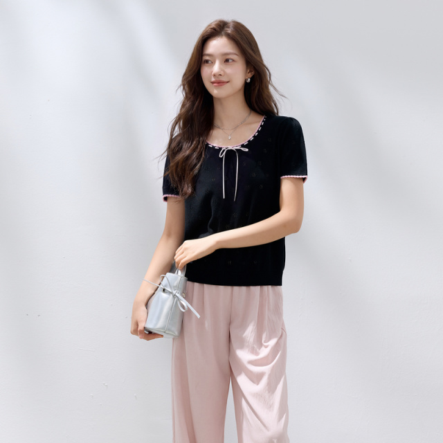 13680302.三彩若潮大码女装2026秋季新款圆领系带针织衫桑蚕丝藏肉微胖MM