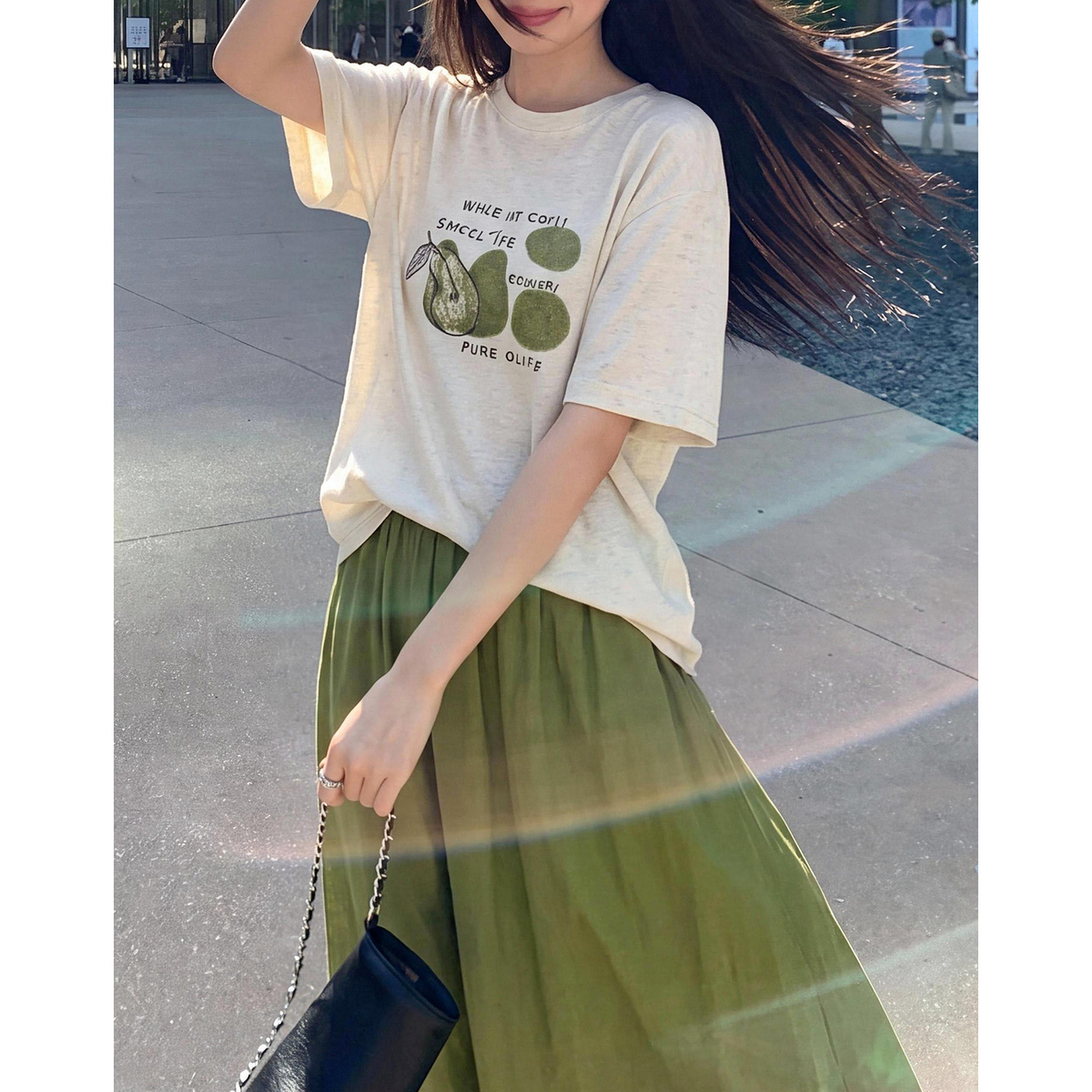 13681992.【含亚麻/莱赛尔/棉】夏季圆领t恤松紧腰半裙显瘦套装女小个子