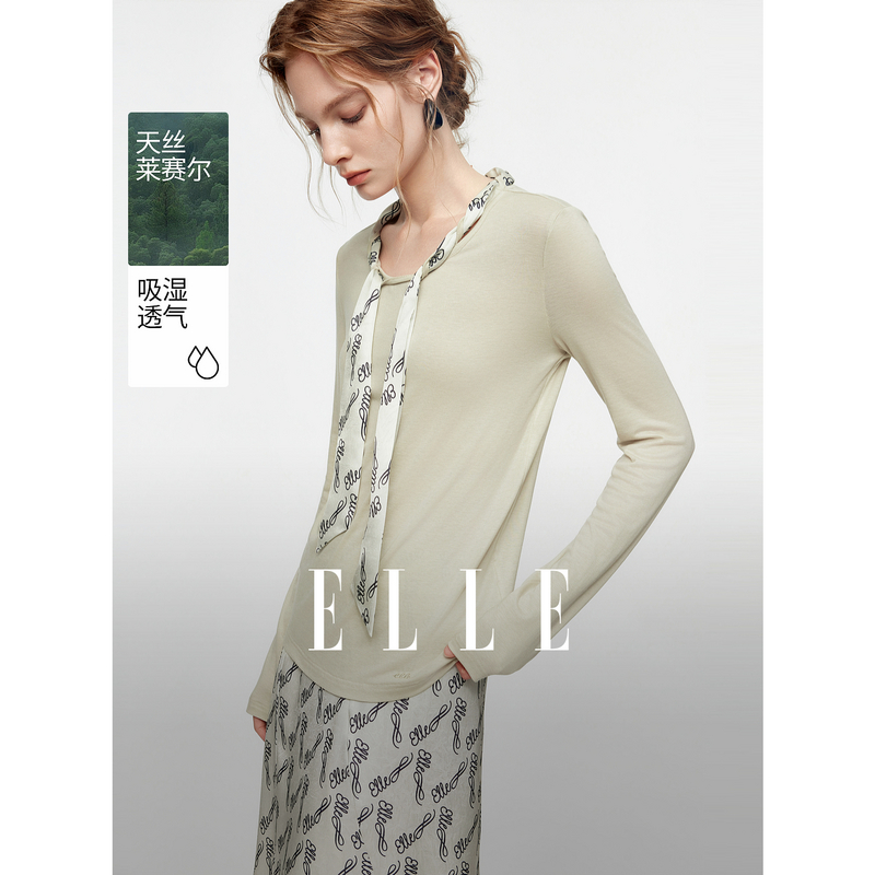 13681931.ELLE天丝印花飘带领女式T恤都市休闲风长袖上衣