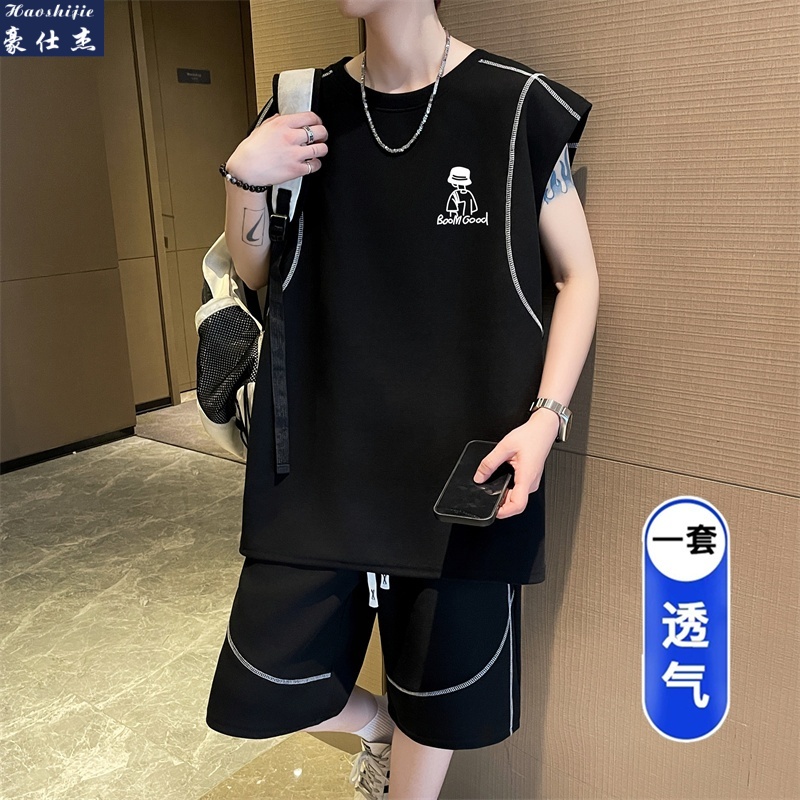 13681639.《休闲潮流》夏季新款简约百搭潮流舒适透气港风坎肩背心套装