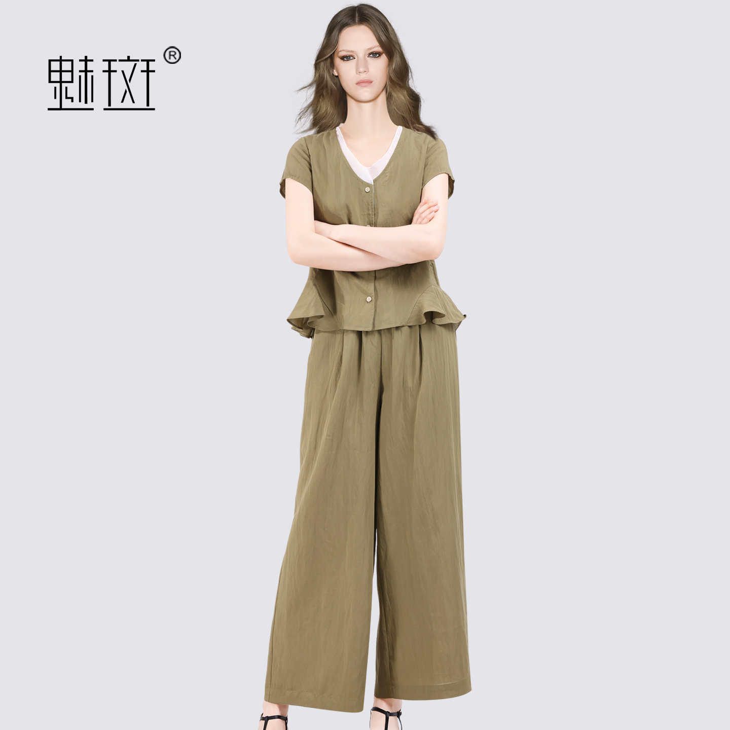 13684196.魅斑荷叶边上衣阔腿裤套装天丝亚麻