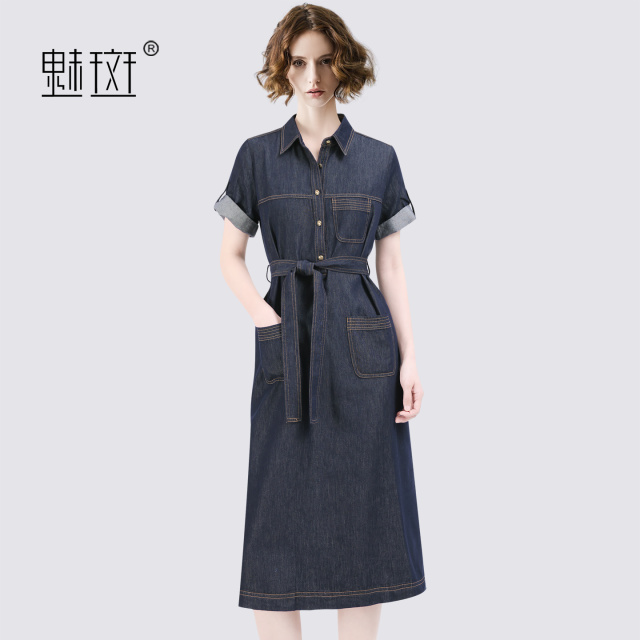 13684235.魅斑收腰牛仔蓝连衣裙翻领裙子