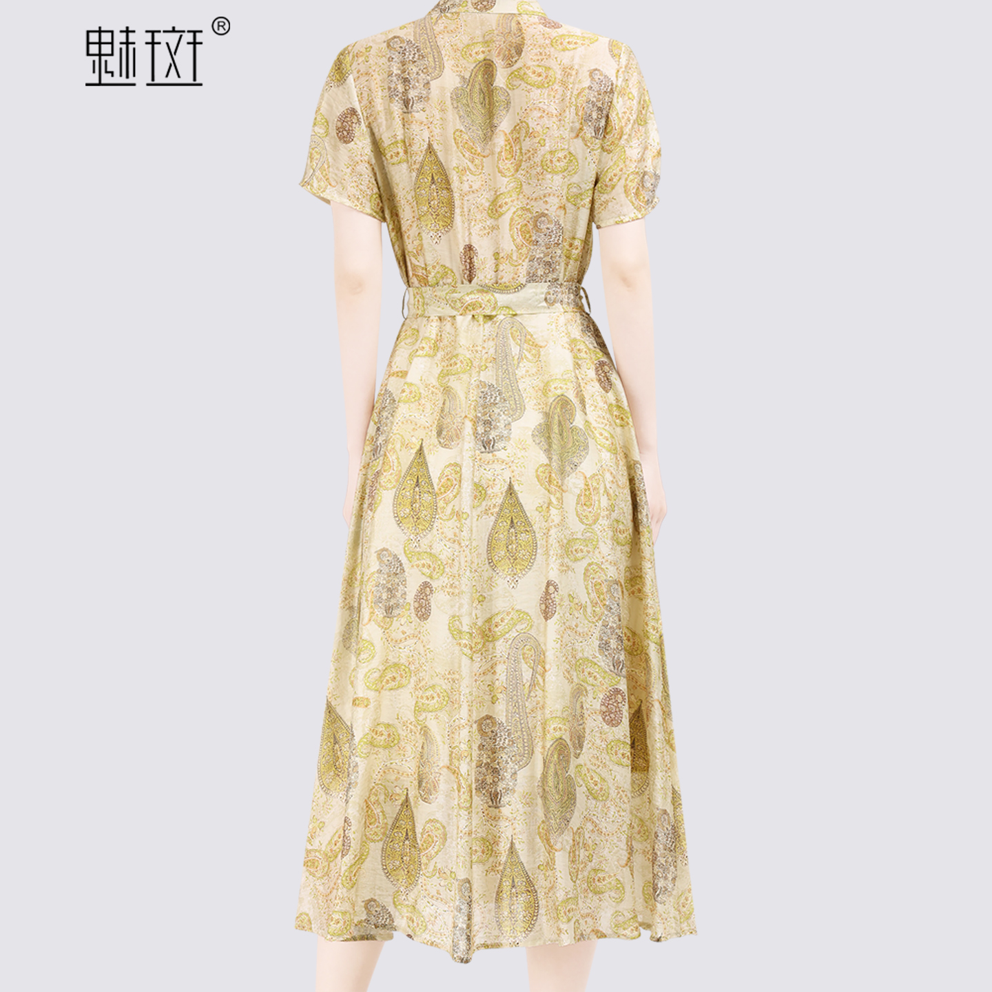 13684218.魅斑印花天丝亚麻连衣裙V领裙子