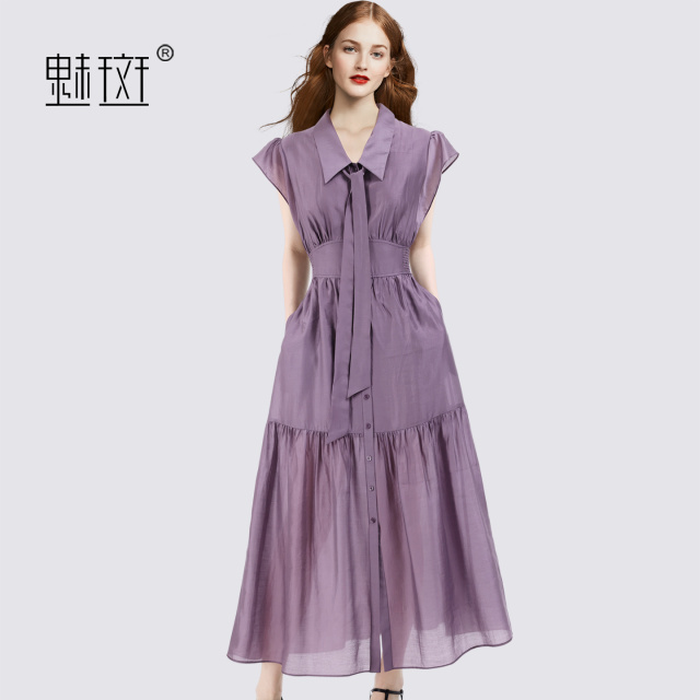 13684224.魅斑紫色裙短袖连衣裙飘带Polo领裙子