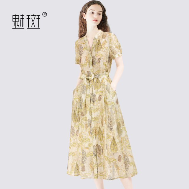 13684218.魅斑印花天丝亚麻连衣裙V领裙子