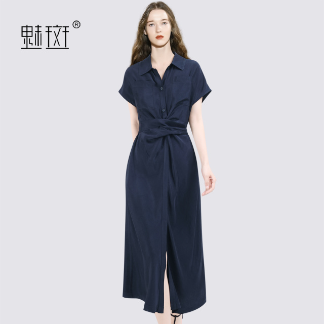 13684225.魅斑藏青色扭结后背绑带连衣裙衬衫裙