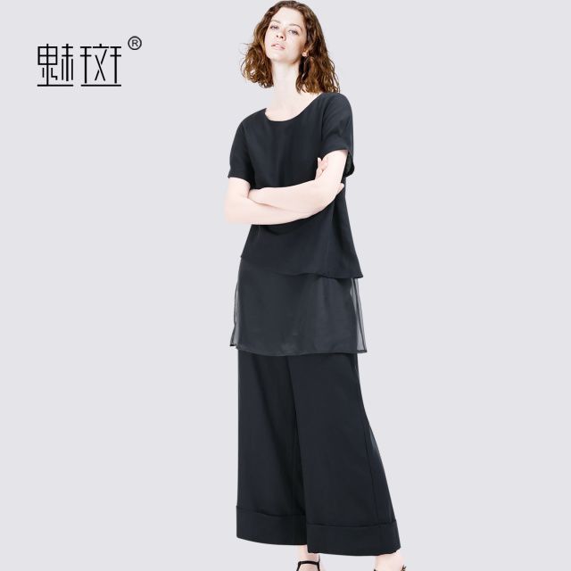 13684220.魅斑上衣阔腿裤两件套假两件上衣套装
