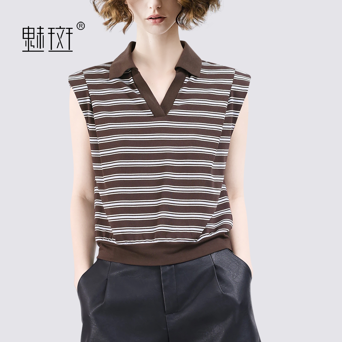 13684228.魅斑撞色条纹Polo领T恤上衣