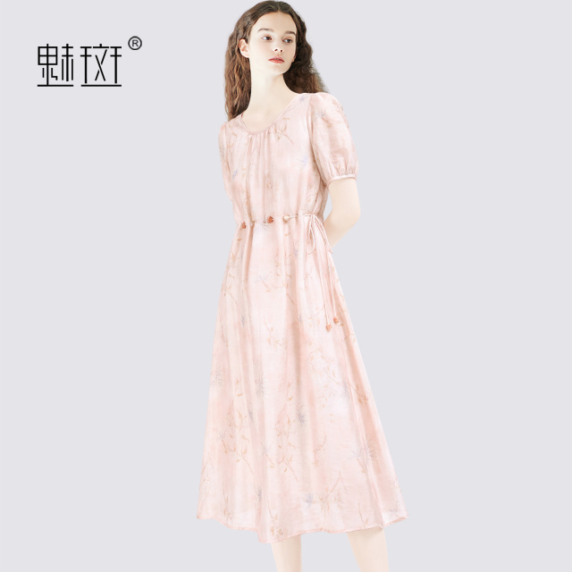 13684199.魅斑印花圆领粉色连衣裙裙子