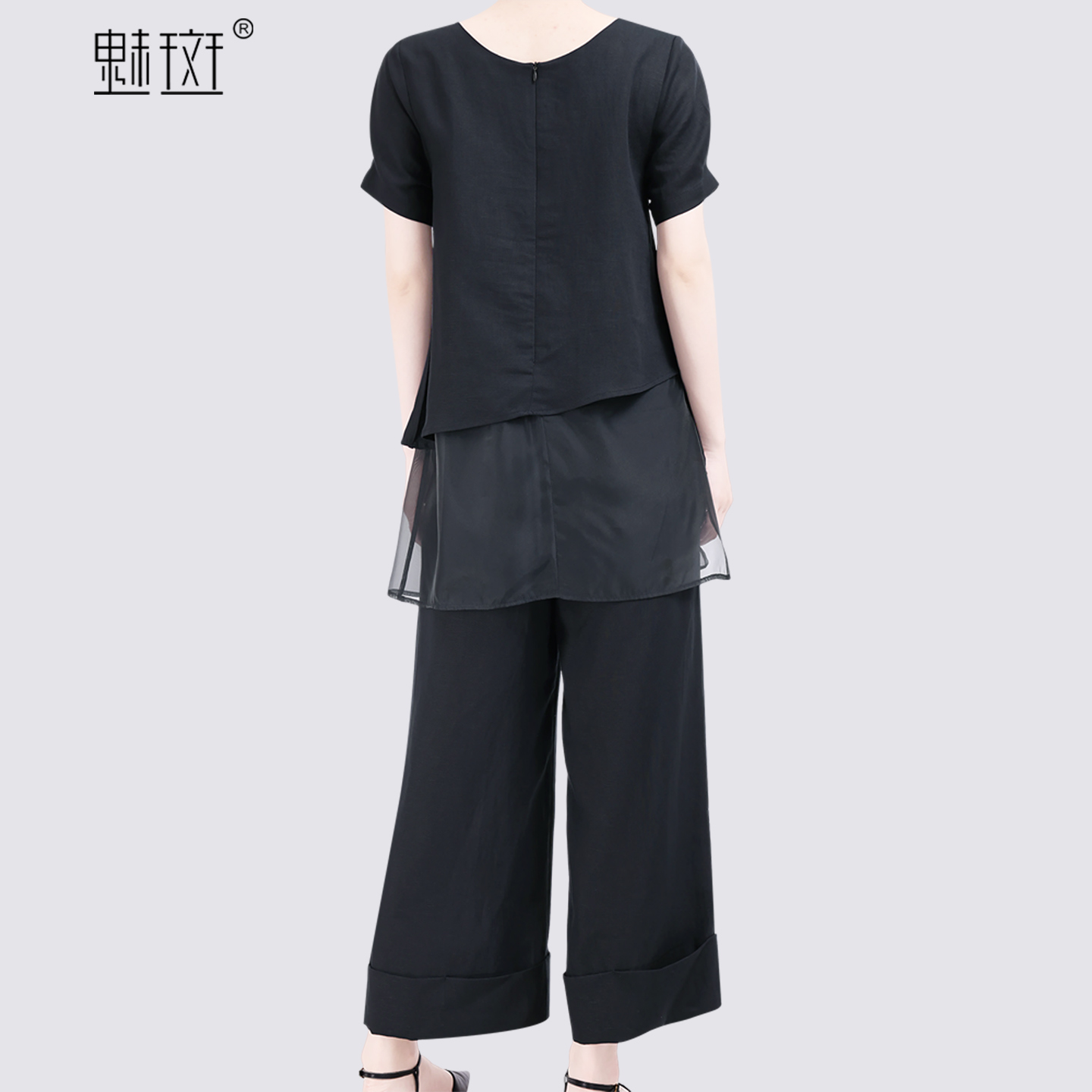 13684220.魅斑上衣阔腿裤两件套假两件上衣套装