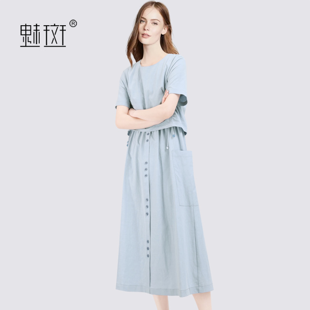 13684201.魅斑假两件圆领短袖连衣裙抽绳大口袋蓝色裙子