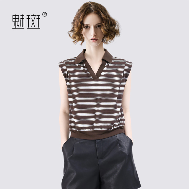 13684228.魅斑撞色条纹Polo领T恤上衣