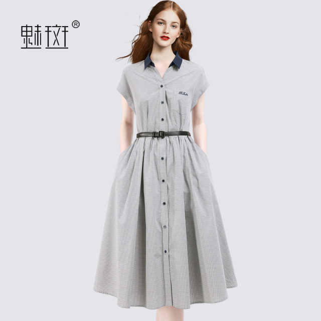 13684216.魅斑格子衬衫连衣裙大摆裙