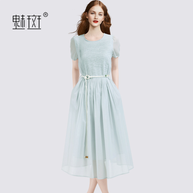 13684222.魅斑压褶泡泡袖连衣裙编织系带裙子