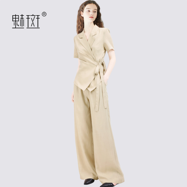 13684226.魅斑绑带上衣阔腿裤两件套套装