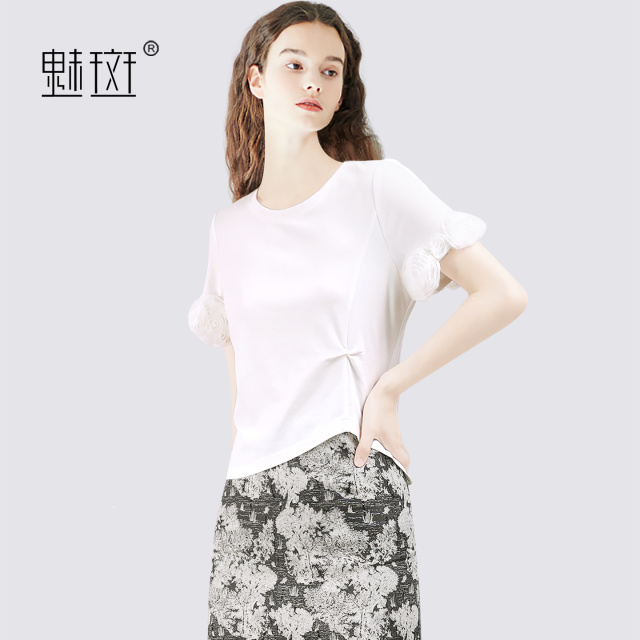 13684214.魅斑白色网纱立体花朵短袖T恤圆领正肩褶皱上衣