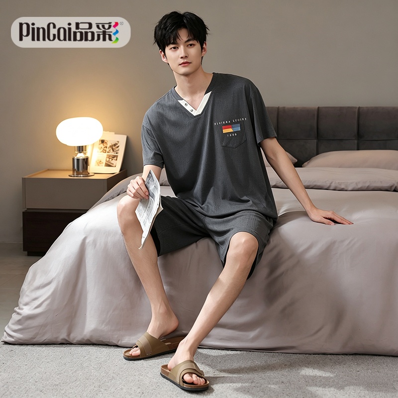 13686083.品彩【凉感爽滑莫代尔】时髦帅气男士家居服短袖短裤套装7489