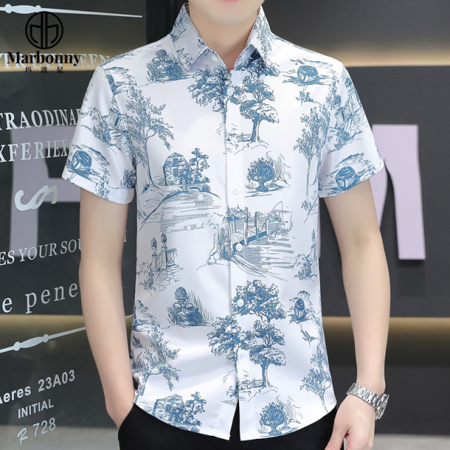 13686340.青少年夏冰丝数码印花爆款短袖休闲品质衬衫