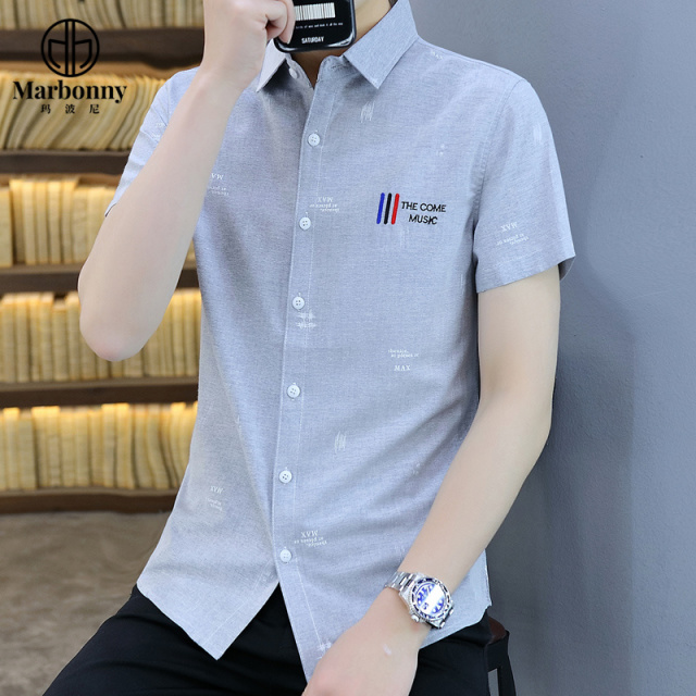13686312.青少年男士夏季刺绣印花短袖休闲衬衫修身