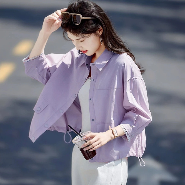 13686485.初云紫衣春秋装 女百搭短外套设计感时尚休闲宽松百搭翻领上衣7700