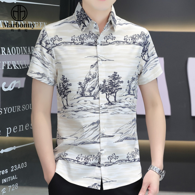 13686339.青少年夏冰丝数码印花短袖修身休闲衬衫