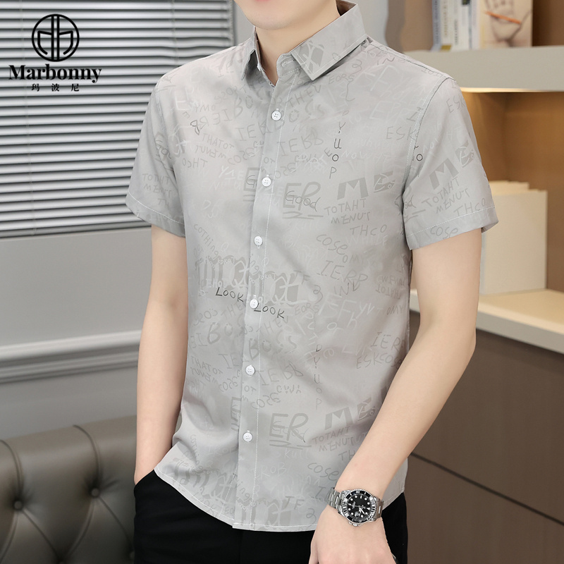 13686336.男夏冰丝弹力印花短袖衬衫