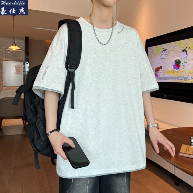 13686725.《百搭潮流》夏季青少年潮牌宽松短袖T恤男假两件透气棉T恤