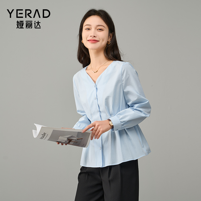 13687204.【娅丽达】收腰捏褶显瘦衬衫女时尚百搭休闲长袖衬衣女