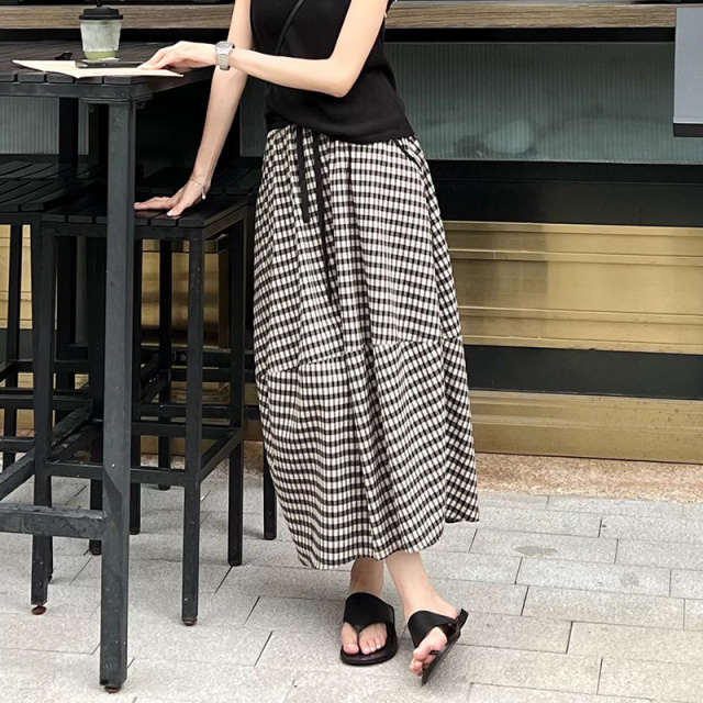 13686482.初云紫衣春夏装 女格子半身裙子长裙花苞大摆裙不规则高级格子裙9748