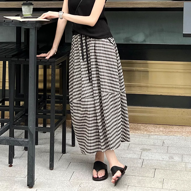13686482.初云紫衣春夏装 女格子半身裙子长裙花苞大摆裙不规则高级格子裙9748