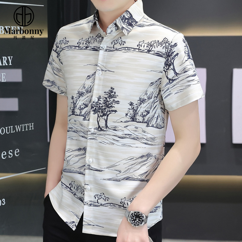 13686339.青少年夏冰丝数码印花短袖修身休闲衬衫
