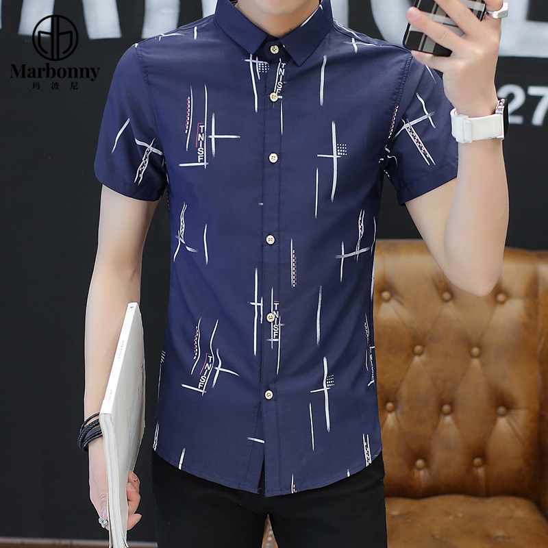 13686320.爆款夏季短袖印花休闲衬衫男士韩版修身