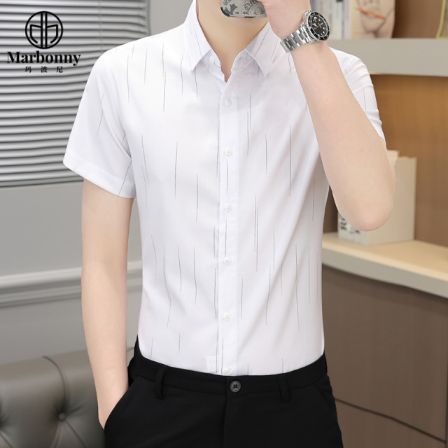 13686342.竹纤维弹力抗皱条纹轻商务休闲短袖衬衫