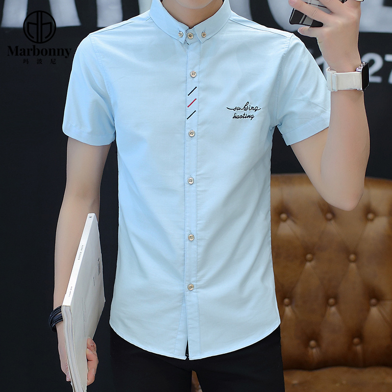 13686379.青少年夏季绣花短袖休闲衬衫半袖韩版修身