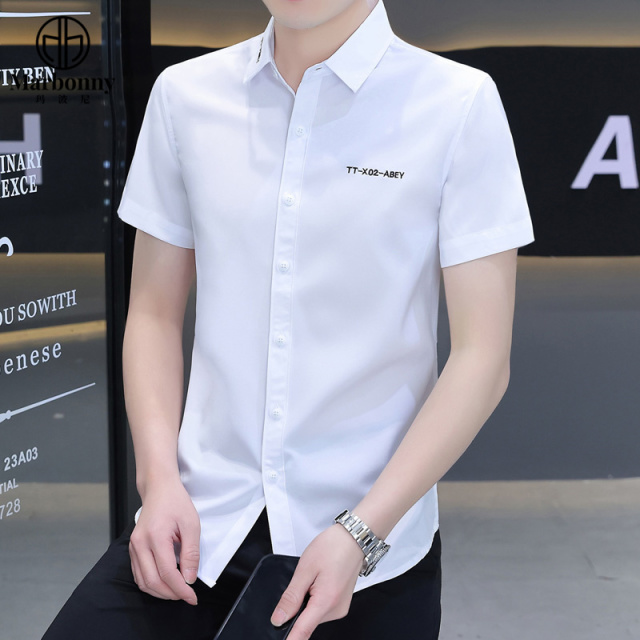 13686352.青少年修身冰丝刺绣短袖休闲衬衫