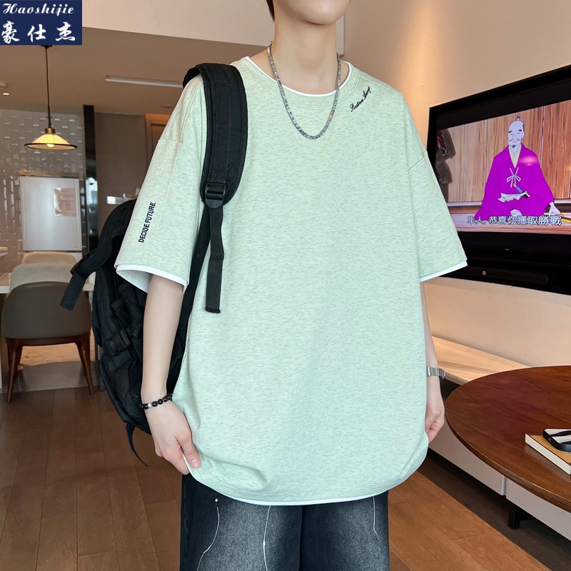 13686725.《百搭潮流》夏季青少年潮牌宽松短袖T恤男假两件透气棉T恤
