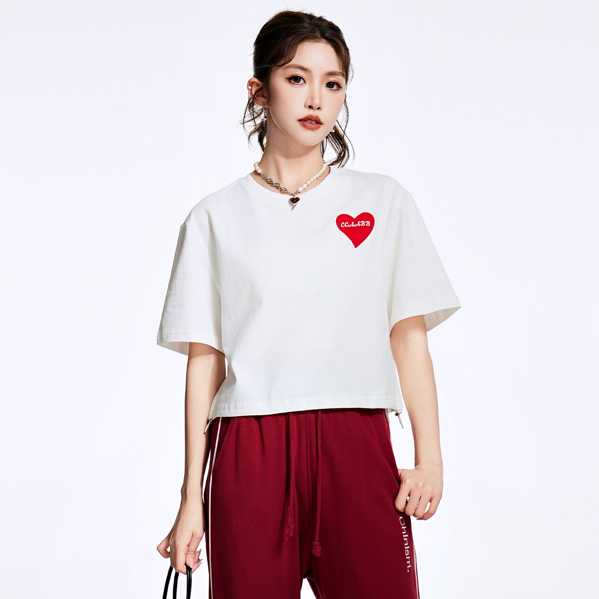 13715399.it ccaabb女装2025夏季辣妹风休闲短款圆领印花T恤宽松抽绳可调