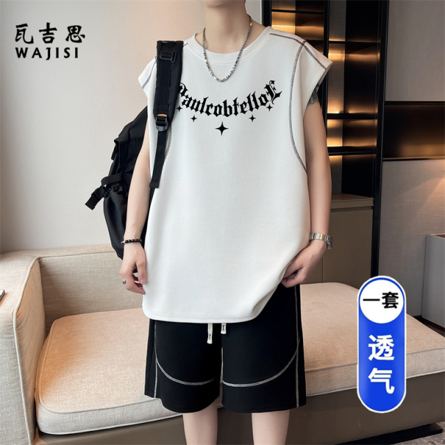 13691260.夏季潮牌百搭男士宽松休闲套装青少年帅气拼色字母背心短裤两件装