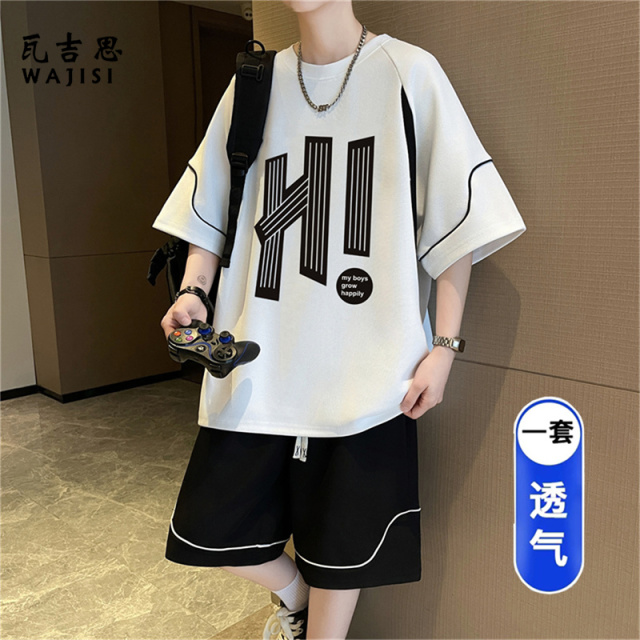 13691349.青少年短袖t恤运动套装男大童高中初中学生冰丝夏装帅气一套衣服