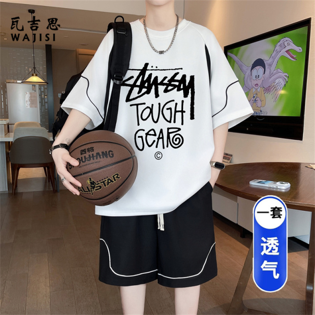 13691346.冰丝短袖t恤男孩夏季新薄款青少年初中学生大童运动篮球衣服套装