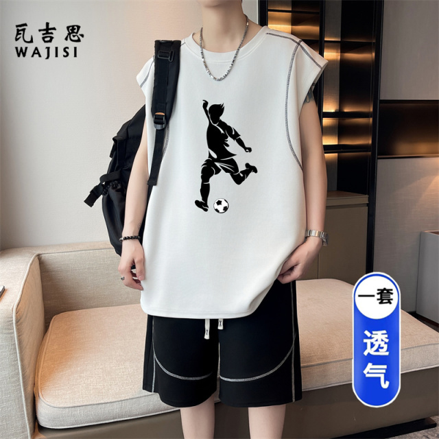 13691337.休闲风男士夏季薄款无袖背心短裤套装透气运动青少年高初中两件套
